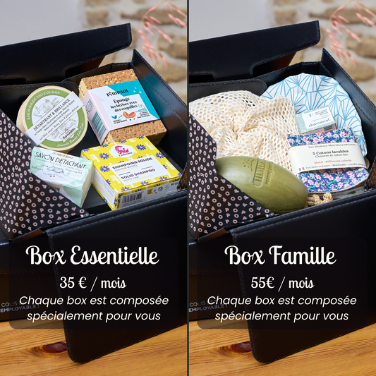 Box zéro déchet par abonnement mensuel, deux tailles (Essentielle et Famille), avec produits durables, sains et fabriqués en France, contenu personnalisé