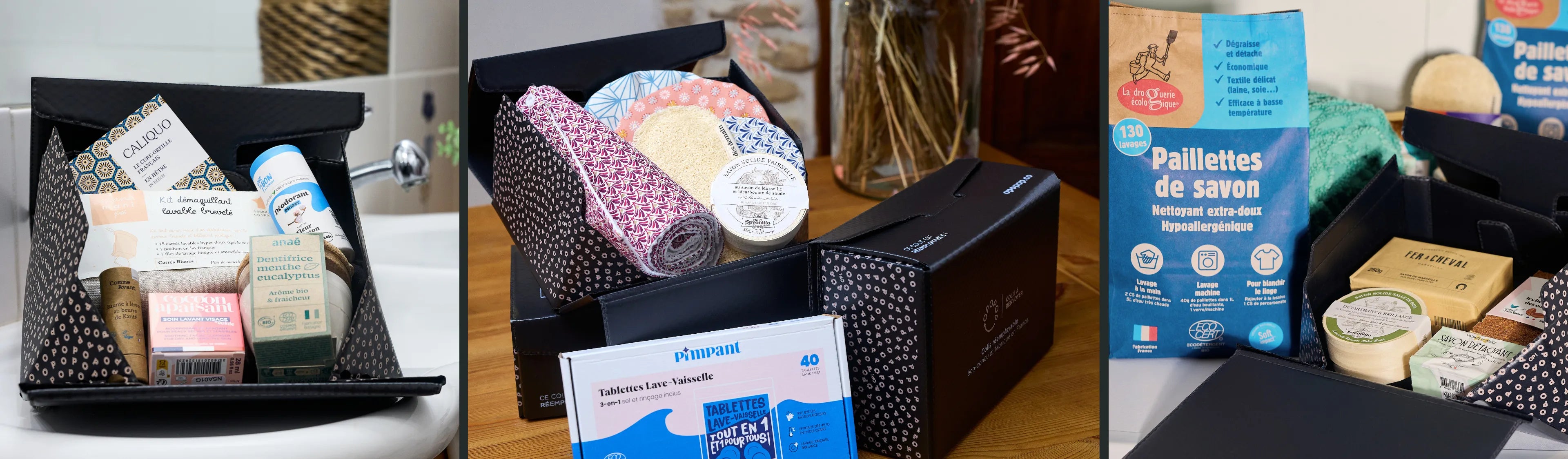 Box zéro déchet avec produits écologiques pour la cuisine, la salle de bain et la buanderie