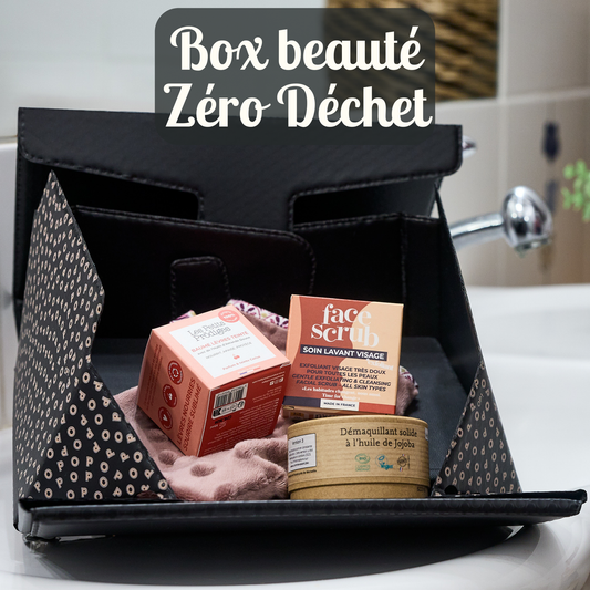 box beauté zéro déchet contenant cosmétiques solides, accessoire lavable, produits sains durables et fabriqués en France