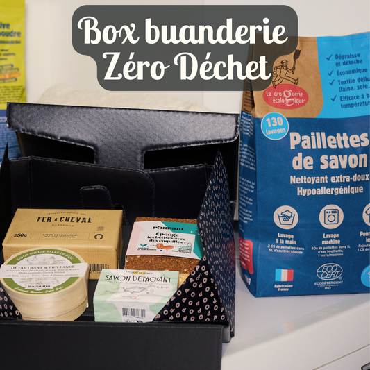 box zéro déchet buanderie avec des produits d'entretien écologiques