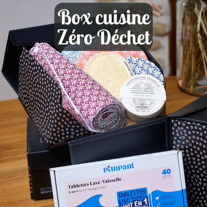 box cuisine zéro déchet avec des accessoires lavables, compostables, des produits de nettoyage écologiques et sains fabriqués en France