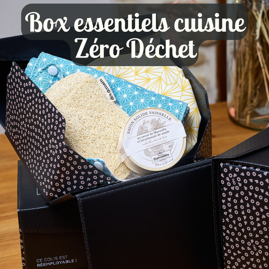 box essentiels cuisine zéro déchet avec des accessoires lavables, compostables et des produits de nettoyage écologiques fabriqués en France