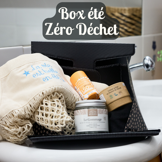box été zéro déchet avec de la cosmétique solide notée Excellent sur Yuka et un sac filet fabriqués en France