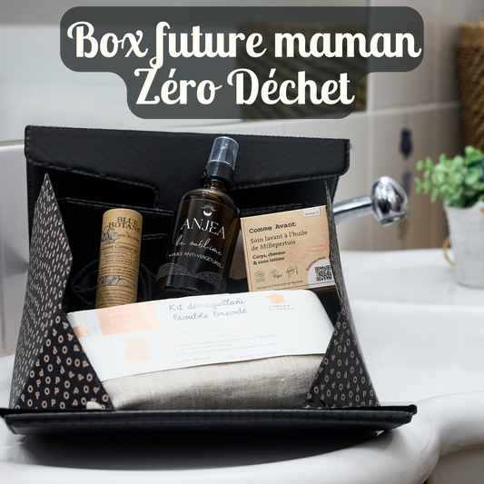box future maman zéro déchet avec des accessoires lavables et des cosmétiques solides sains et fabriqués en France, idéale en cadeau pour femme enceinte