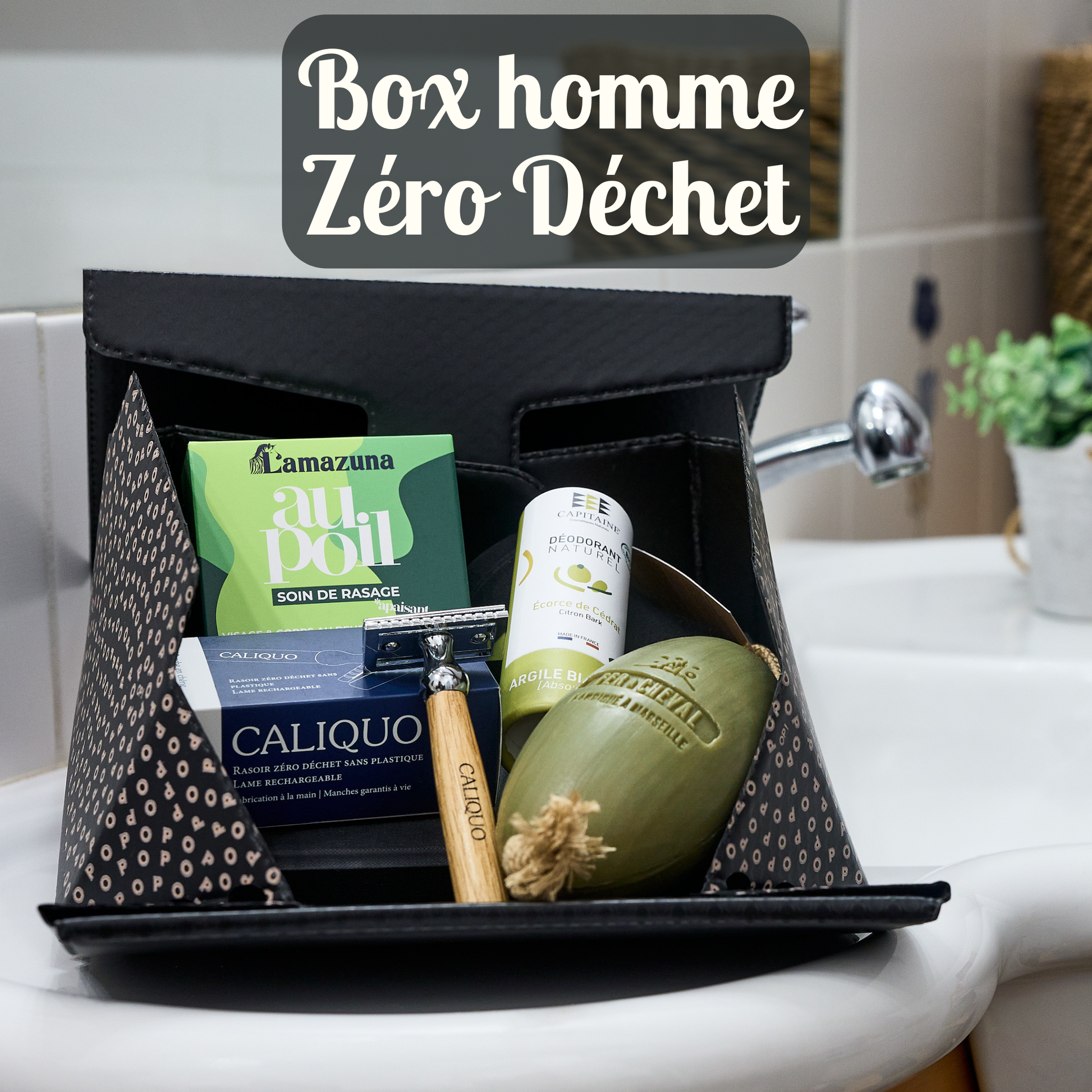 box homme zéro déchet avec des produits durables, de la cosmétique solide notée Excellent sur Yuka et fabriqués en France, excellente idée cadeau écolo homme