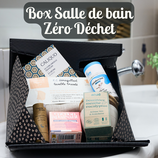 box salle de bain zéro déchet avec des accessoires lavables, de la cosmétique solide notée Excellent sur Yuka et fabriqué en France