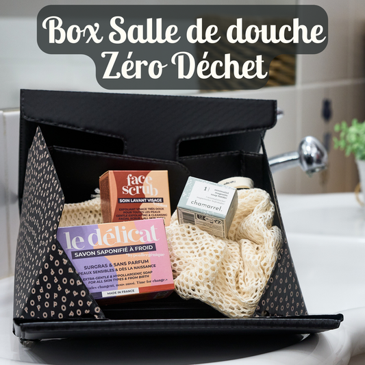 box salle de douche zéro déchet avec des accessoires lavables, de la cosmétique solide noté Excellent sur Yuka et fabriqué en France